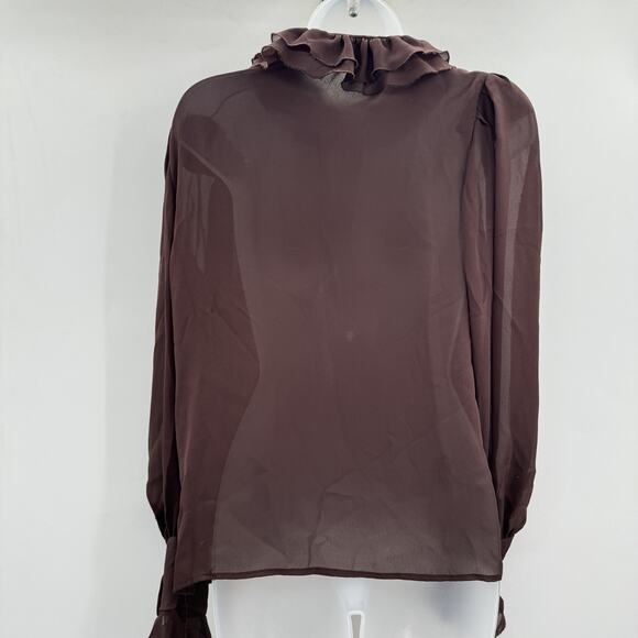 Vintage Augie Ruffle Neck Sheer Button Up Blouse S/M* Chocolate Brown Victorian - Picture 2 of 12
